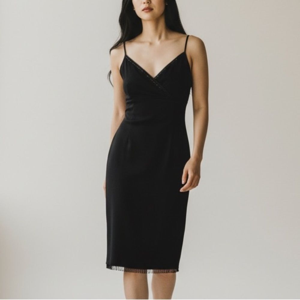 Ann Taylor LOFT Sexy Black Dress Vneck Spaghetti Strap Sleeveless Mini Fringe